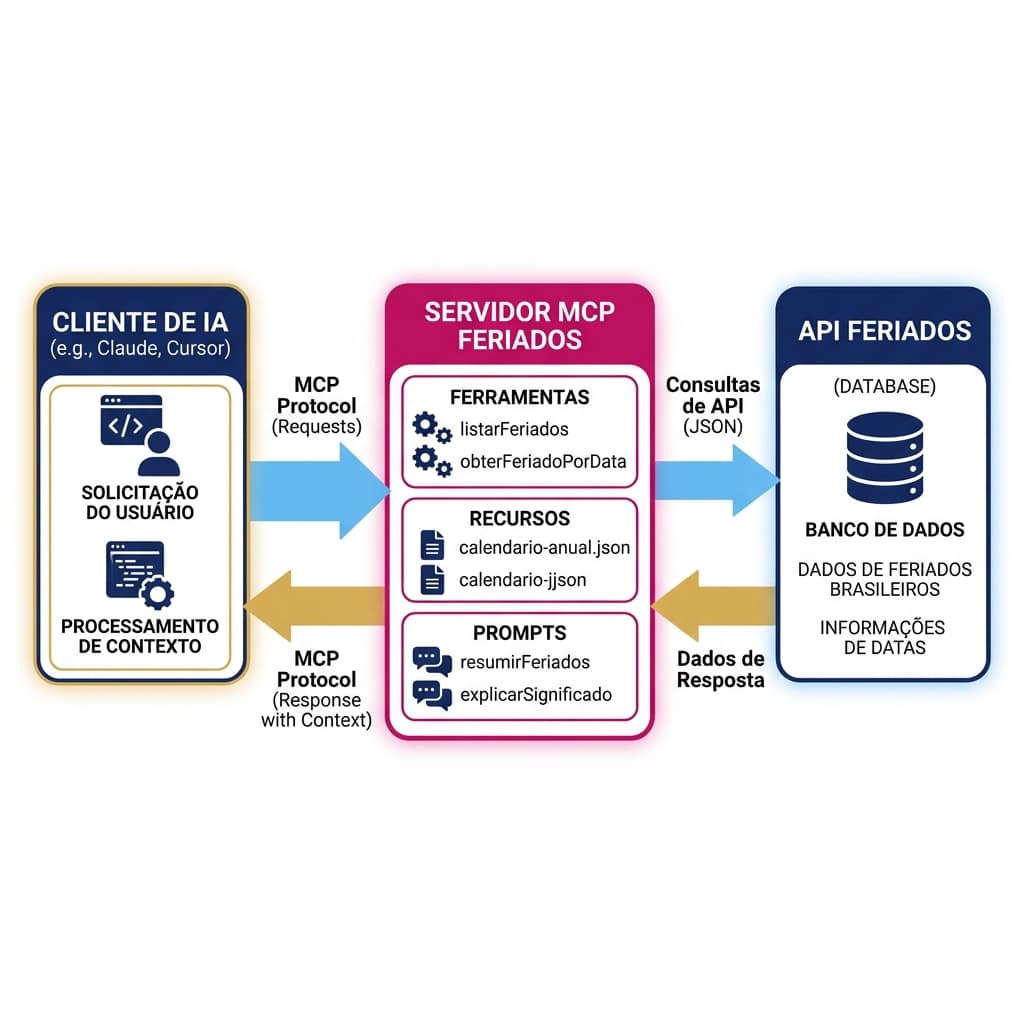 Diagrama da arquitetura do Model Context Protocol ligando Cliente de IA, Servidor MCP e Feriados API